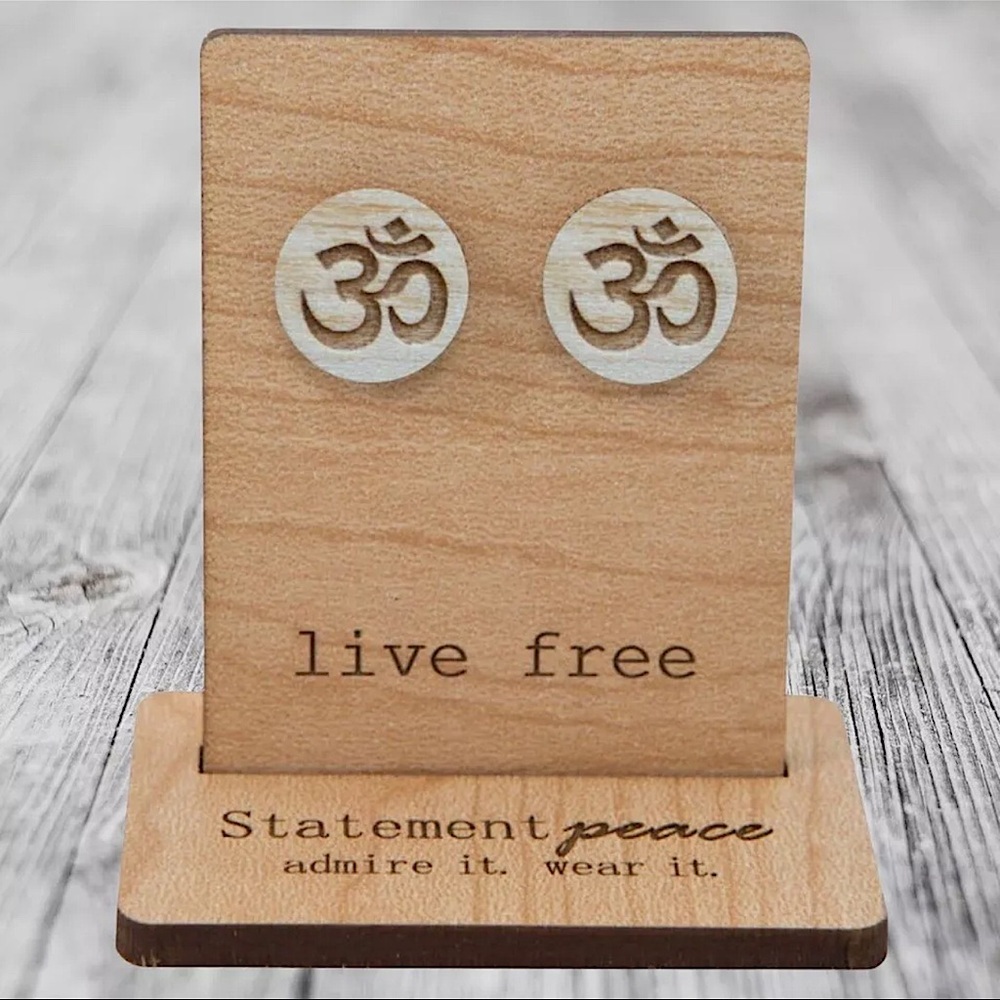 HANDMADE Earrings Artisan OM Engraved Wood BOHO Pendant Studs Hand Crafted